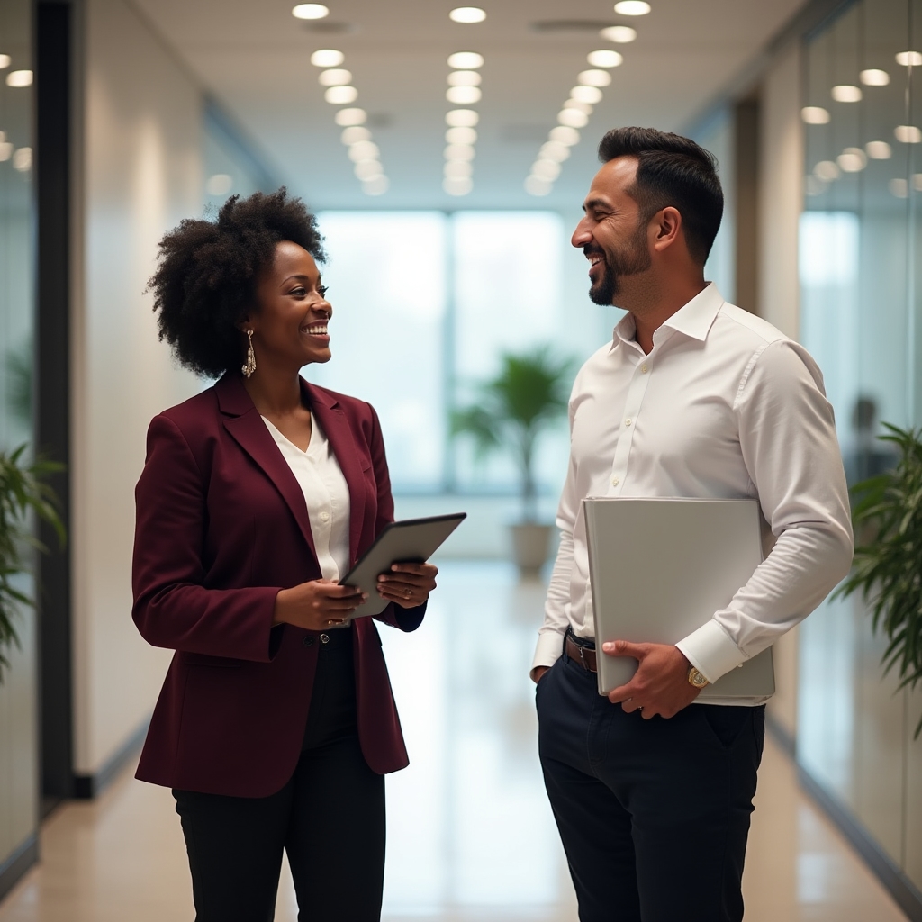 Two colleagues pausing for a brief, warm exchange in a modern office corridor with natural light