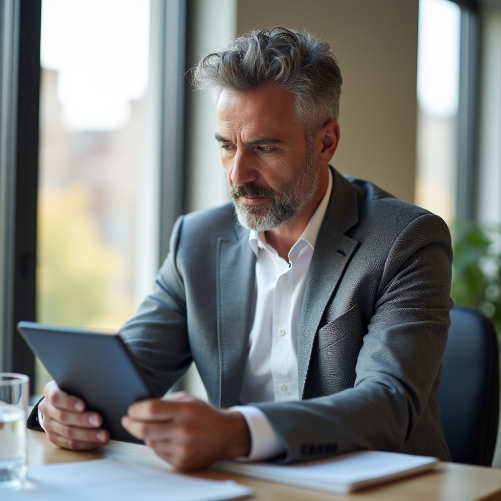 A professional man reviewing a structured program outline on a tablet in a bright, open office space with warm afternoon light