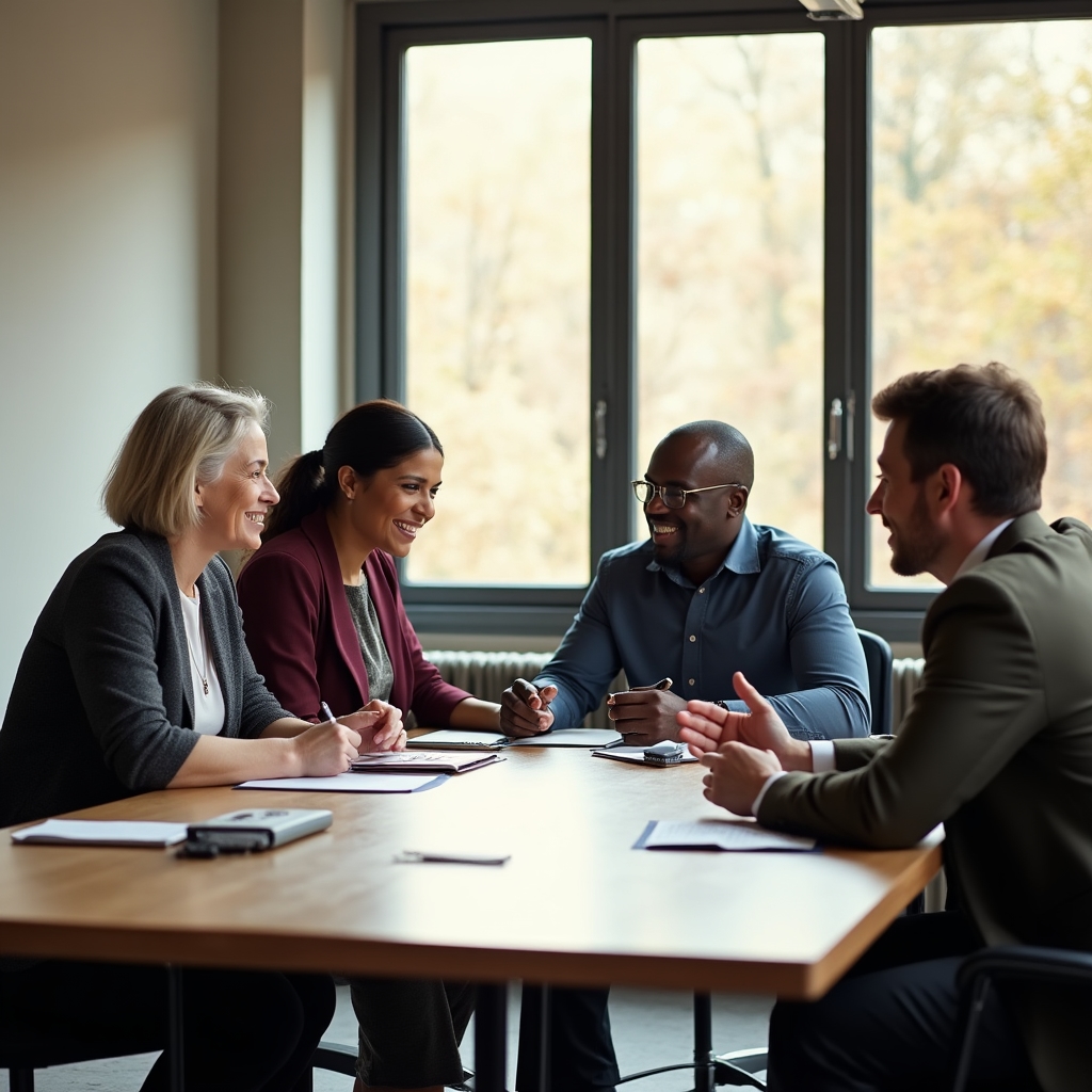 A diverse group of four professionals around a conference table in relaxed, engaged conversation, warm afternoon light through tall windows, natural and candid atmosphere